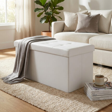 POUF CONTENITORE RETTANGOLARE IN ECOPELLE BIANCO