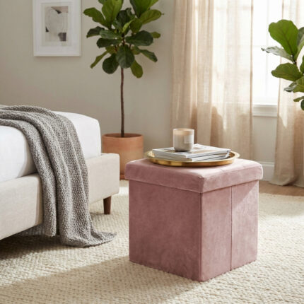 POUF CONTENITORE QUADRATO IN VELLUTO ROSA